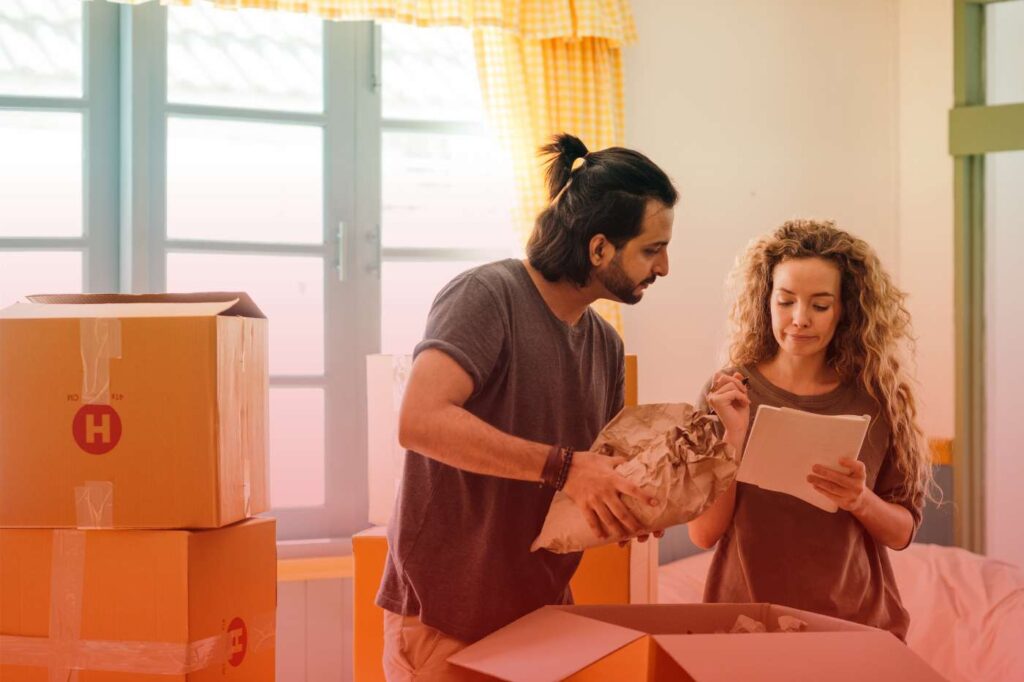 A couple unpacking and reviewing items together with moving boxes in a bright spring-lit room.