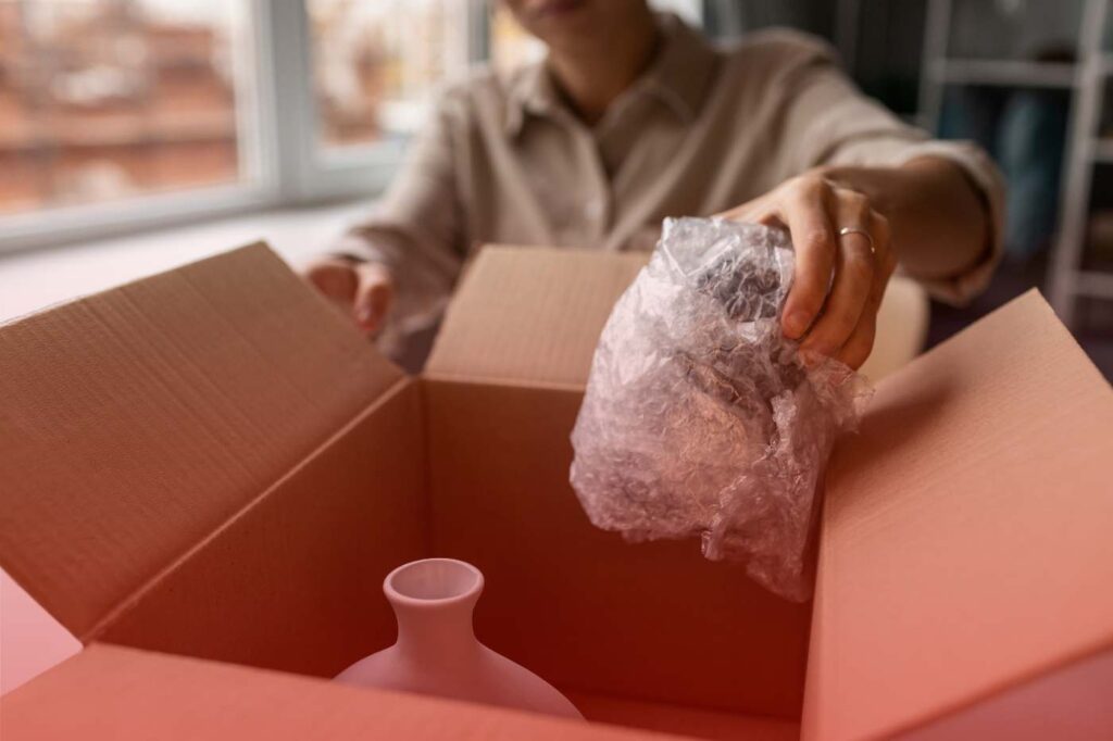Person carefully wrapping a fragile vase with bubble wrap and placing it inside a moving box.