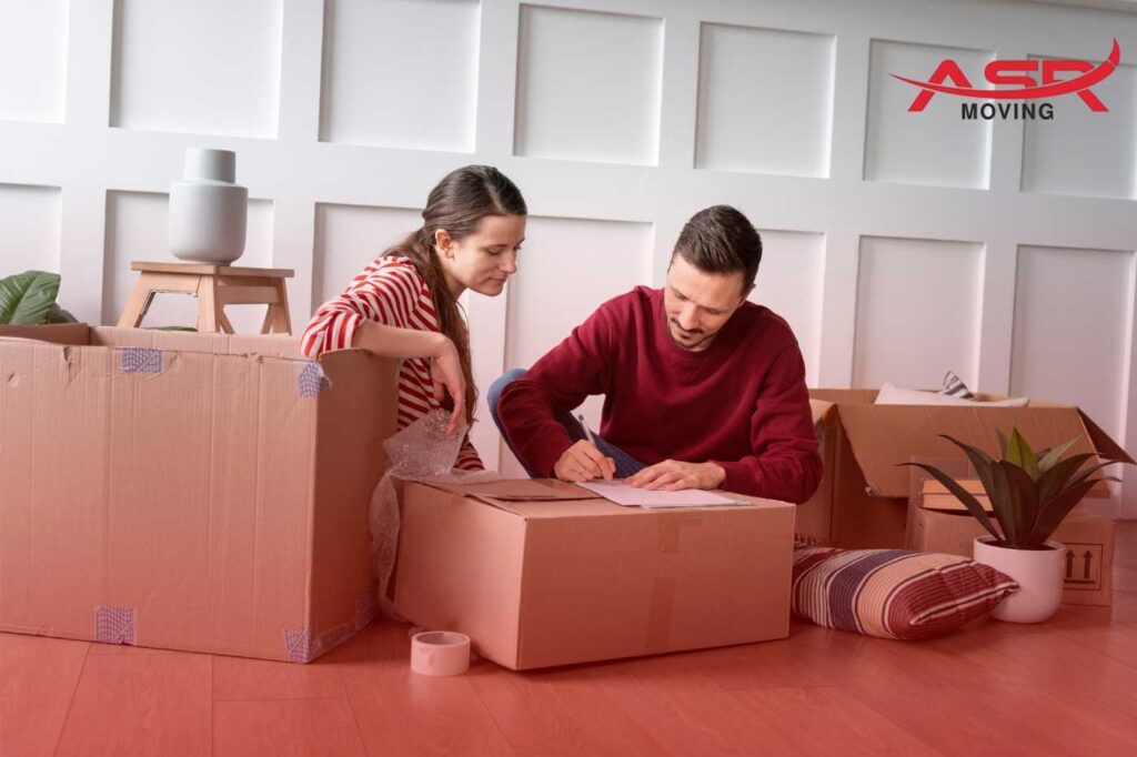 Two people packing household items into boxes in preparation for a long-distance move.